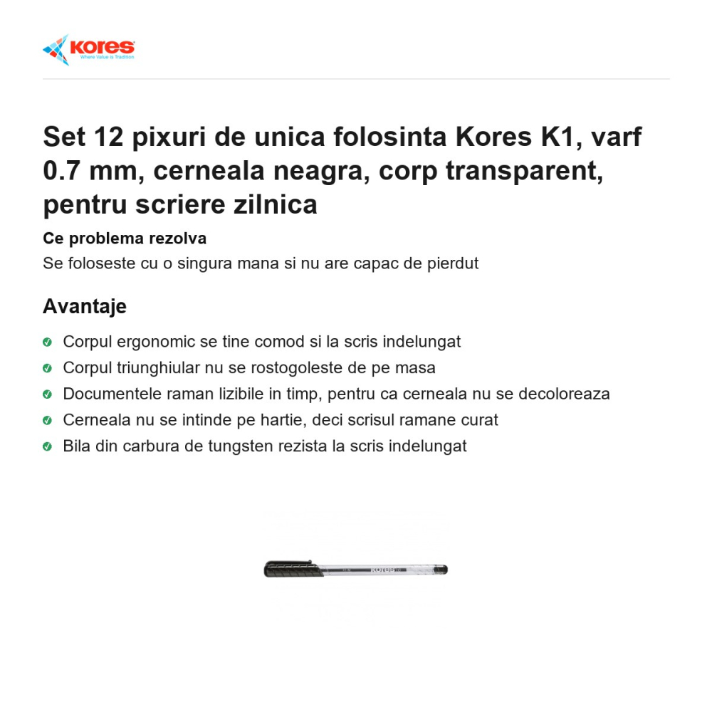 Set 12 pixuri de unica folosinta Kores K1, varf 0.7 mm, cerneala neagra, corp transparent, pentru scriere zilnica [2]