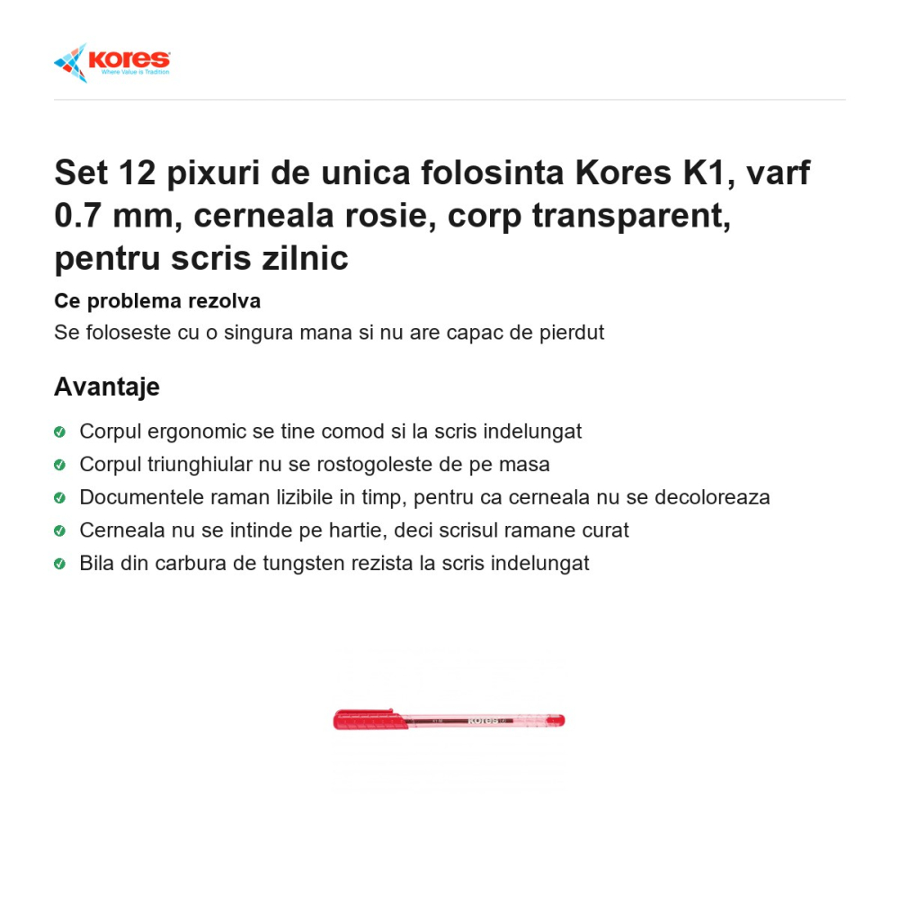 Set 12 pixuri de unica folosinta Kores K1, varf 0.7 mm, cerneala rosie, corp transparent, pentru scris zilnic [2]