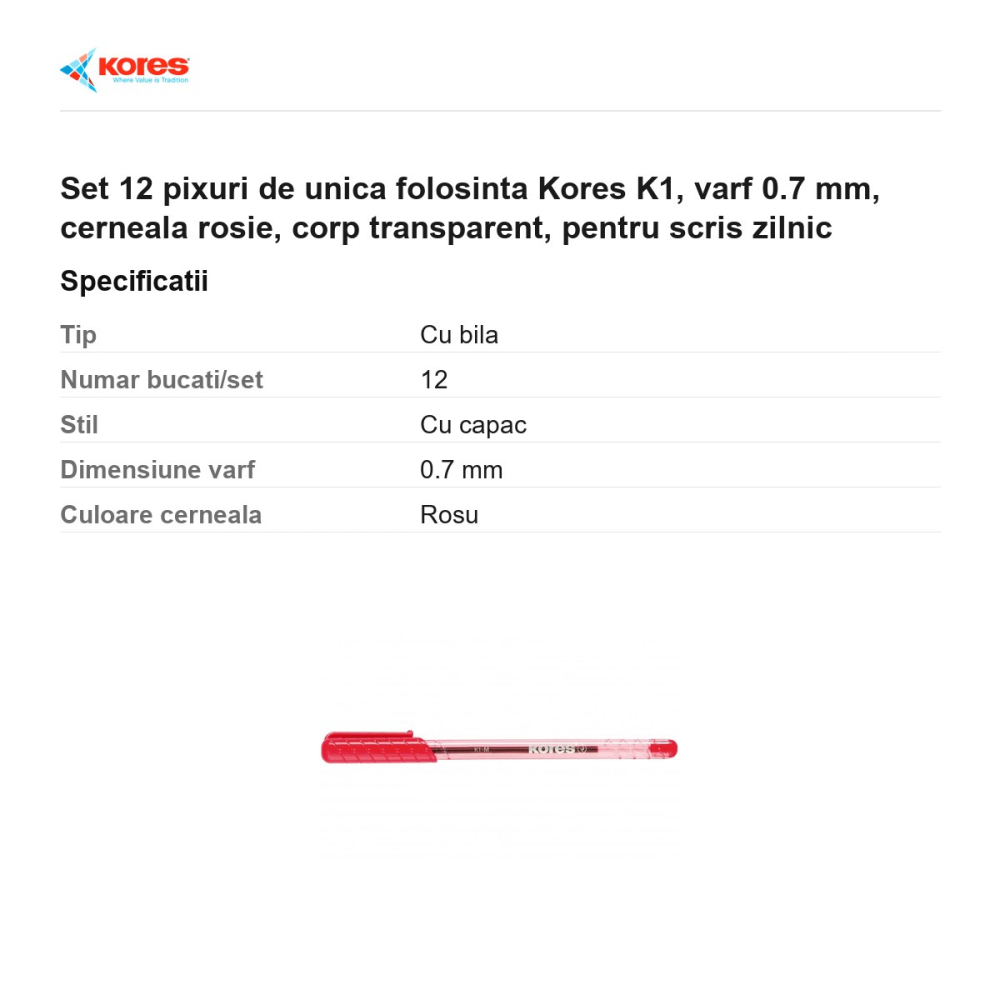 Set 12 pixuri de unica folosinta Kores K1, varf 0.7 mm, cerneala rosie, corp transparent, pentru scris zilnic [3]