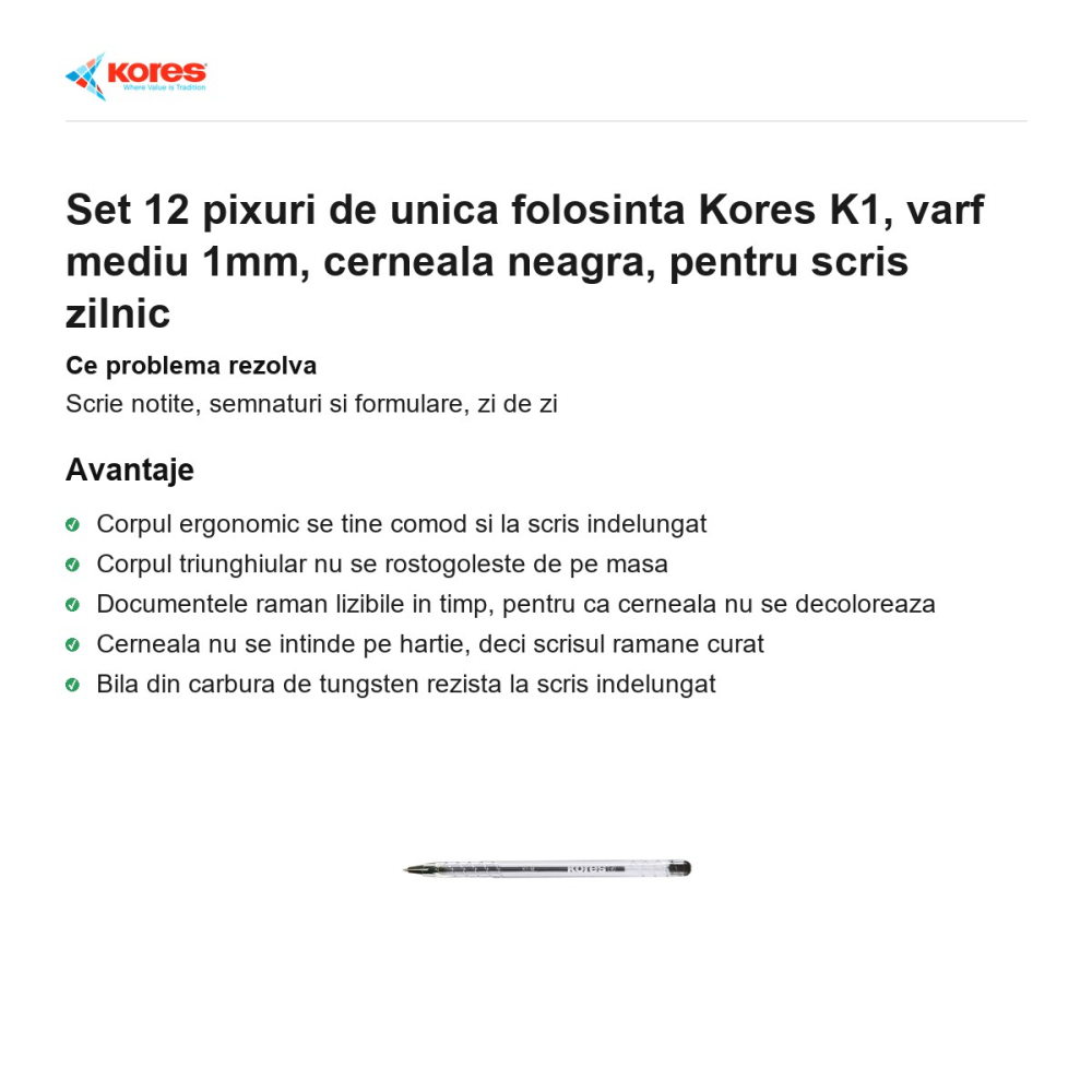 Set 12 pixuri de unica folosinta Kores K1, varf mediu 1mm, cerneala neagra, pentru scris zilnic [2]