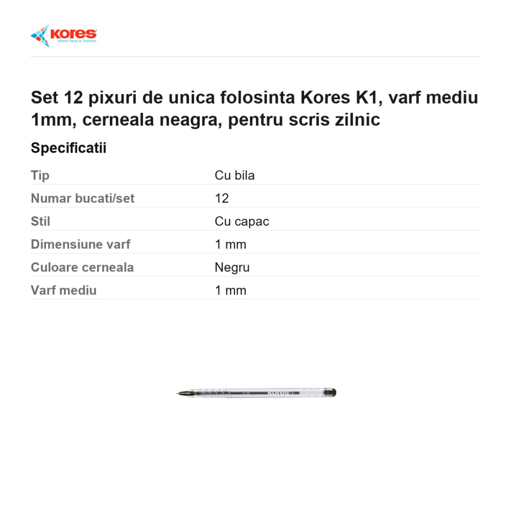 Set 12 pixuri de unica folosinta Kores K1, varf mediu 1mm, cerneala neagra, pentru scris zilnic [3]