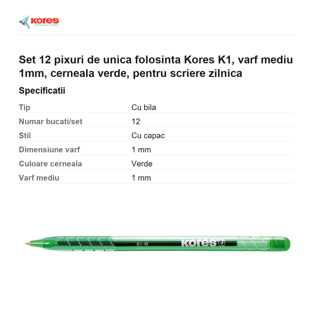 Set 12 pixuri de unica folosinta Kores K1, varf mediu 1mm, cerneala verde, pentru scriere zilnica [3]