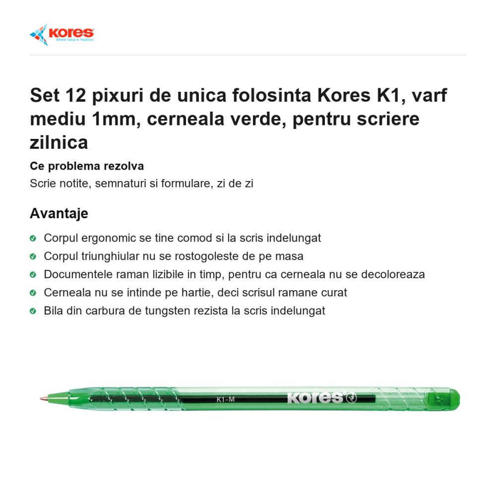 Set 12 pixuri de unica folosinta Kores K1, varf mediu 1mm, cerneala verde, pentru scriere zilnica [2]