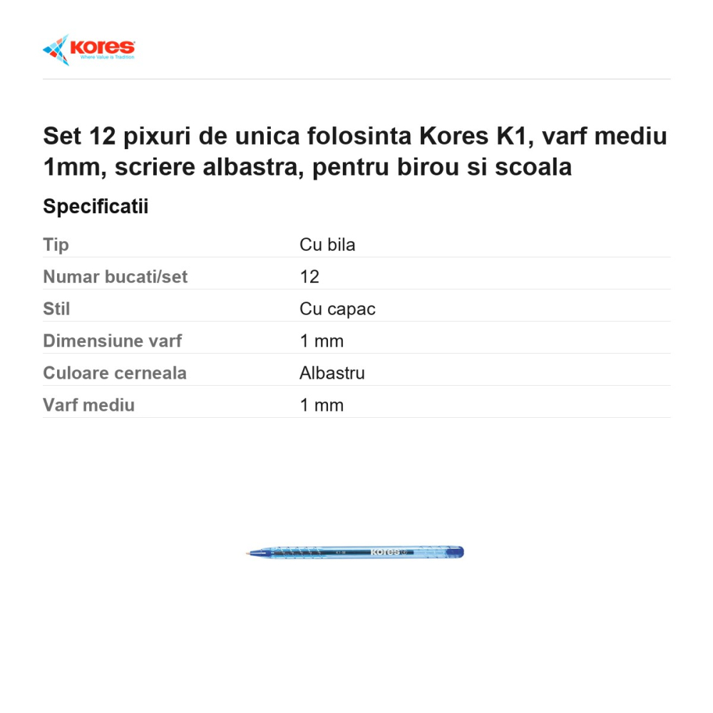 Set 12 pixuri de unica folosinta Kores K1, varf mediu 1mm, scriere albastra, pentru birou si scoala [3]