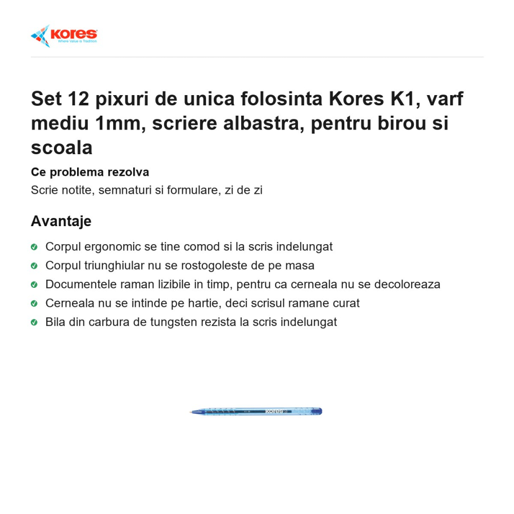 Set 12 pixuri de unica folosinta Kores K1, varf mediu 1mm, scriere albastra, pentru birou si scoala [2]