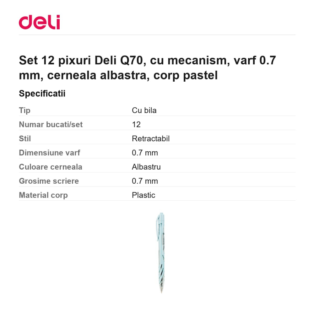 Set 12 pixuri Deli Q70, cu mecanism, varf 0.7 mm, cerneala albastra, corp pastel [3]