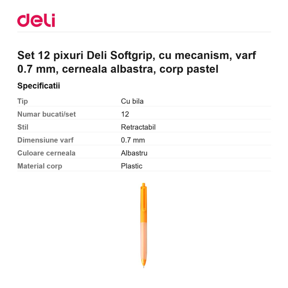 Set 12 pixuri Deli Softgrip, cu mecanism, varf 0.7 mm, cerneala albastra, corp pastel [3]