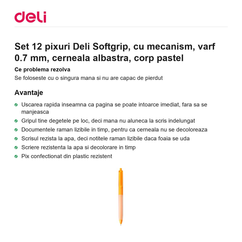Set 12 pixuri Deli Softgrip, cu mecanism, varf 0.7 mm, cerneala albastra, corp pastel [2]