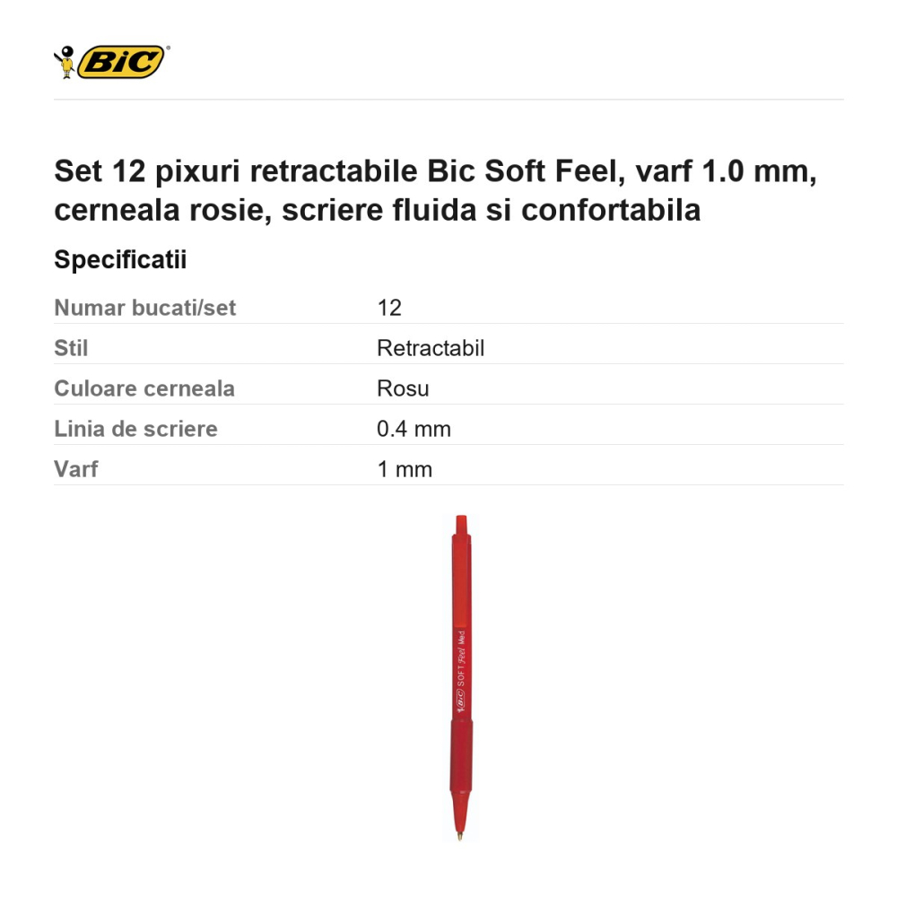 Set 12 pixuri retractabile Bic Soft Feel, varf 1.0 mm, cerneala rosie, scriere fluida si confortabila [3]
