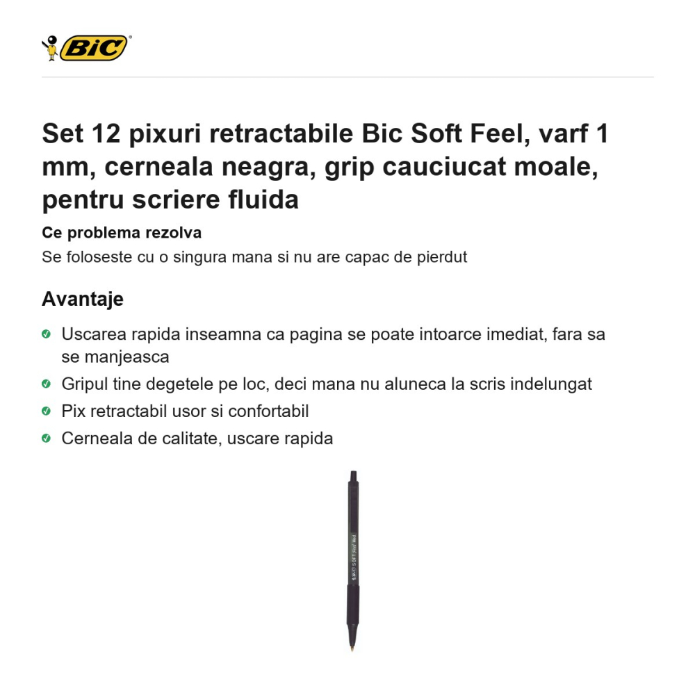 Set 12 pixuri retractabile Bic Soft Feel, varf 1 mm, cerneala neagra, grip cauciucat moale, pentru scriere fluida [2]