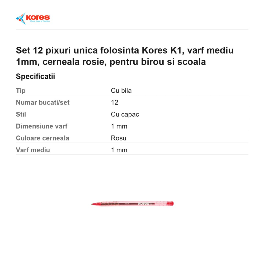 Set 12 pixuri unica folosinta Kores K1, varf mediu 1mm, cerneala rosie, pentru birou si scoala [3]
