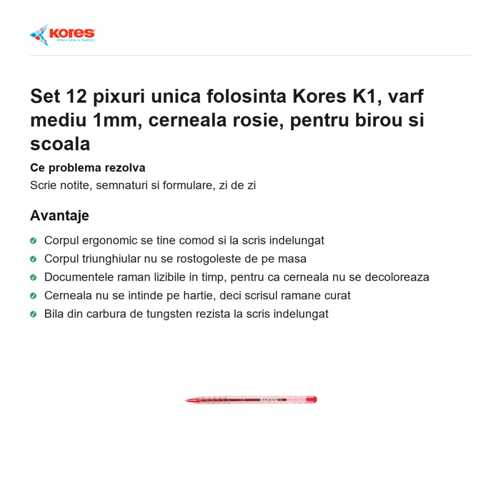 Set 12 pixuri unica folosinta Kores K1, varf mediu 1mm, cerneala rosie, pentru birou si scoala [2]