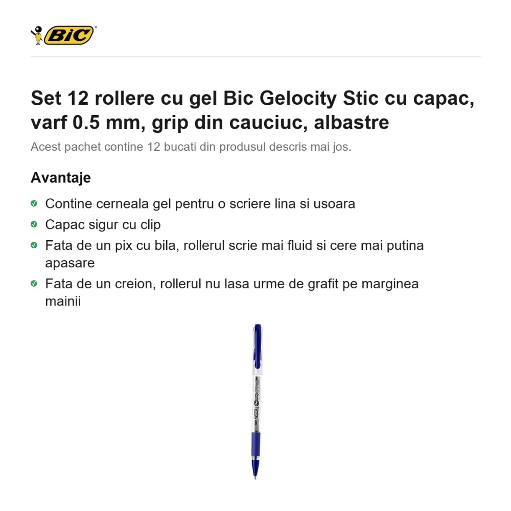 Set 12 rollere cu gel Bic Gelocity Stic cu capac, varf 0.5 mm, grip din cauciuc, albastre [2]