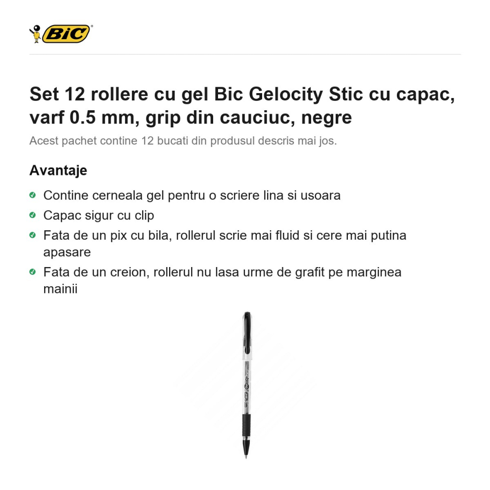Set 12 rollere cu gel Bic Gelocity Stic cu capac, varf 0.5 mm, grip din cauciuc, negre [2]