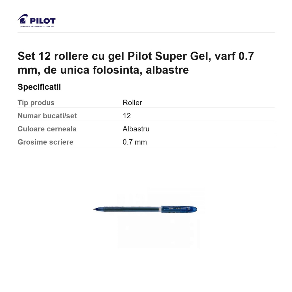 Set 12 rollere cu gel Pilot Super Gel, varf 0.7 mm, de unica folosinta, albastre [3]