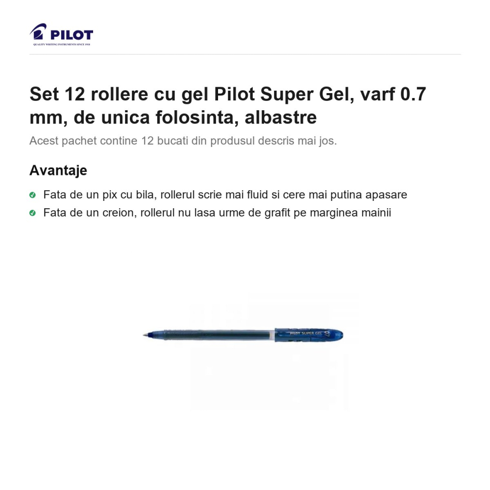 Set 12 rollere cu gel Pilot Super Gel, varf 0.7 mm, de unica folosinta, albastre [2]