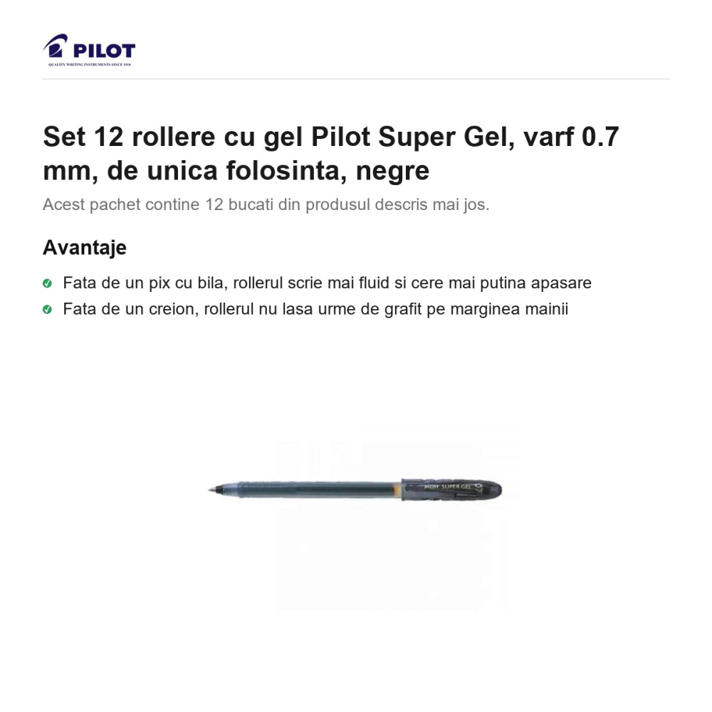 Set 12 rollere cu gel Pilot Super Gel, varf 0.7 mm, de unica folosinta, negre [2]