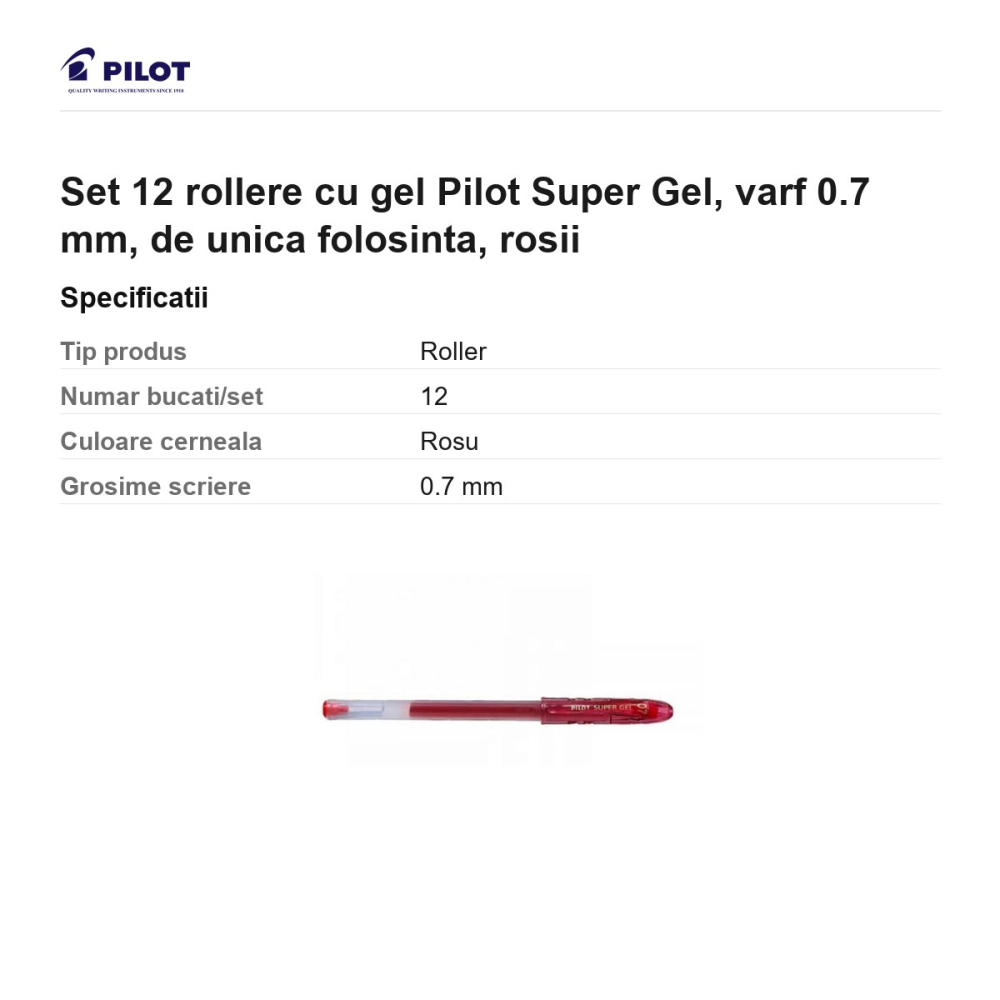 Set 12 rollere cu gel Pilot Super Gel, varf 0.7 mm, de unica folosinta, rosii [3]