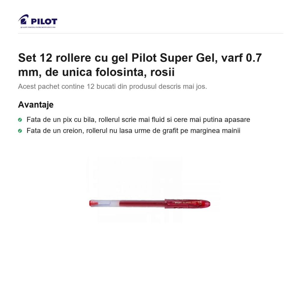 Set 12 rollere cu gel Pilot Super Gel, varf 0.7 mm, de unica folosinta, rosii [2]