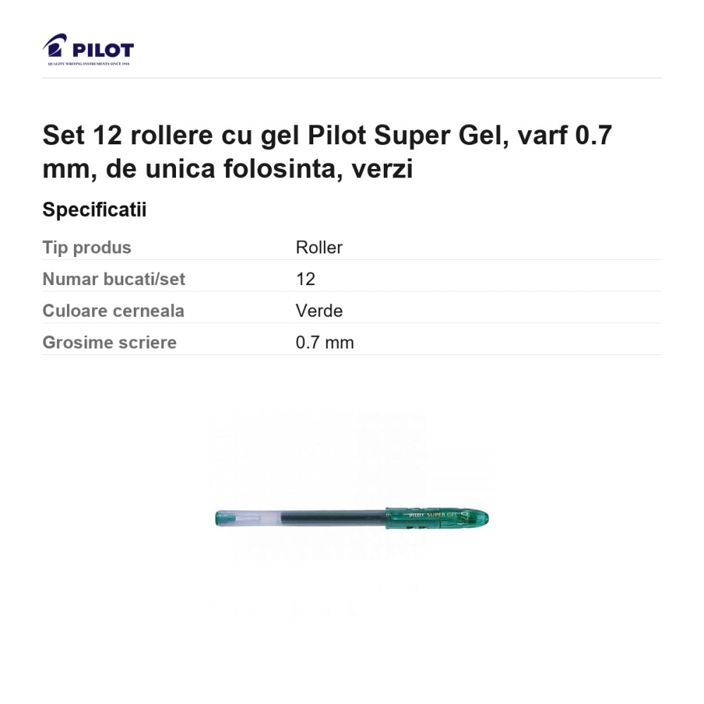 Set 12 rollere cu gel Pilot Super Gel, varf 0.7 mm, de unica folosinta, verzi [3]