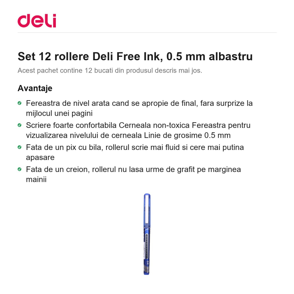 Set 12 rollere Deli Free Ink, 0.5 mm albastru [2]