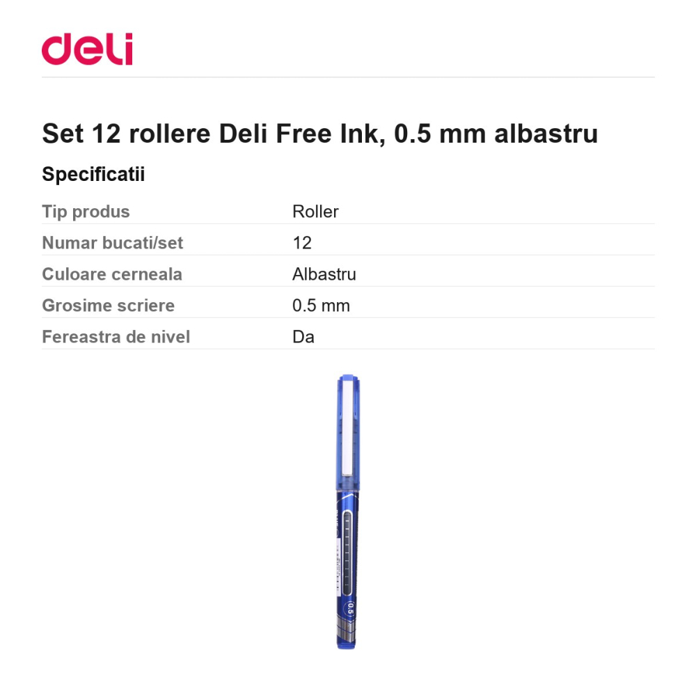 Set 12 rollere Deli Free Ink, 0.5 mm albastru [3]