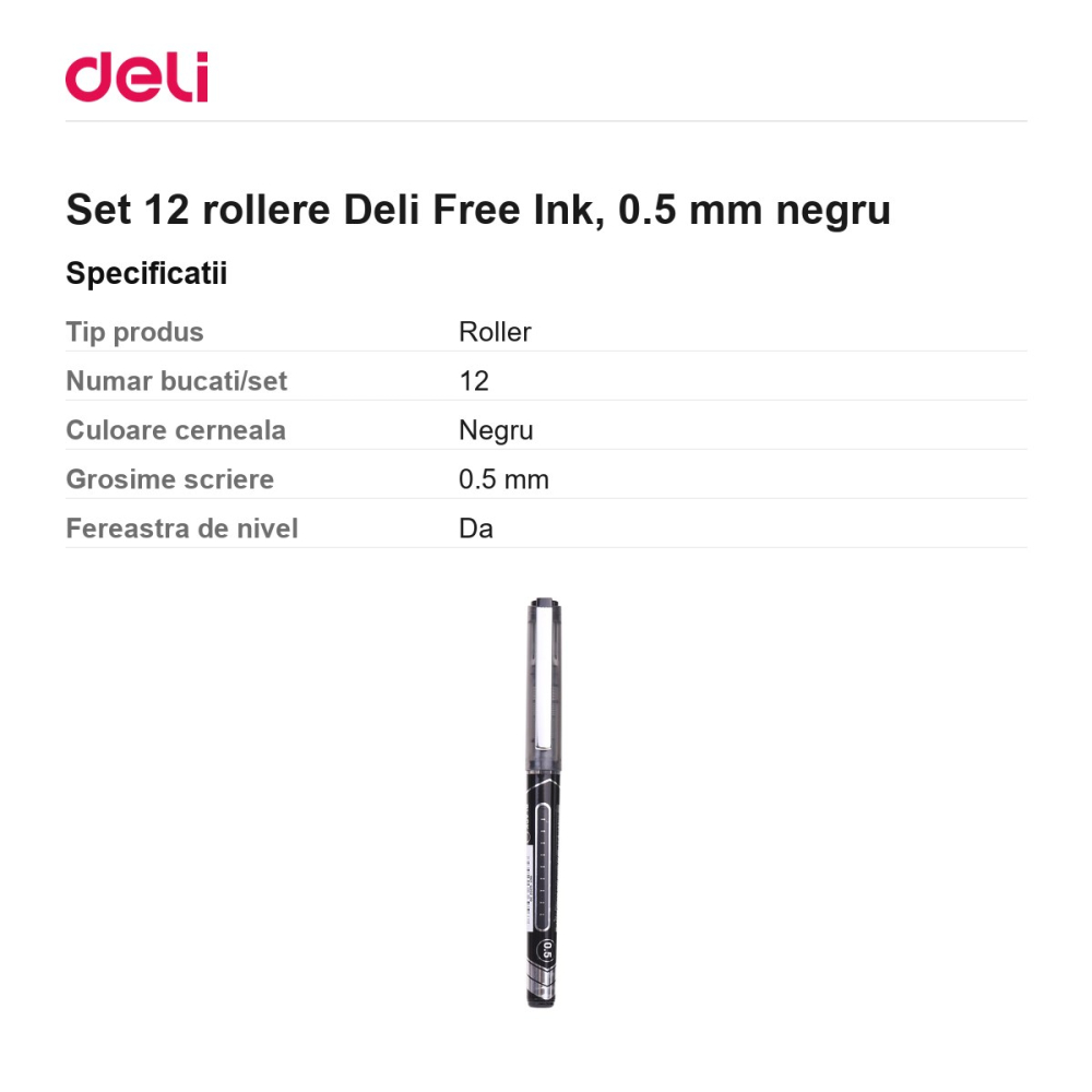 Set 12 rollere Deli Free Ink, 0.5 mm negru [3]