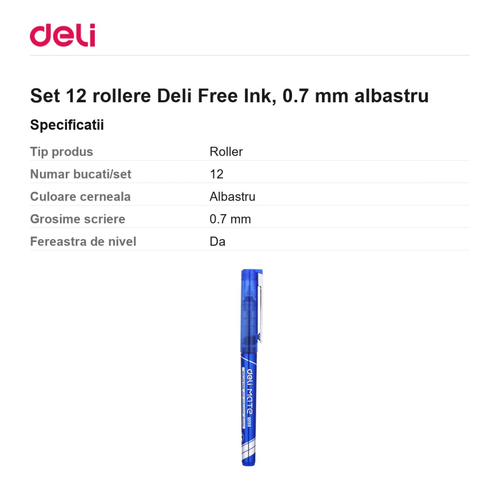 Set 12 rollere Deli Free Ink, 0.7 mm albastru [3]