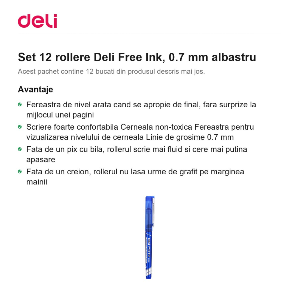 Set 12 rollere Deli Free Ink, 0.7 mm albastru [2]