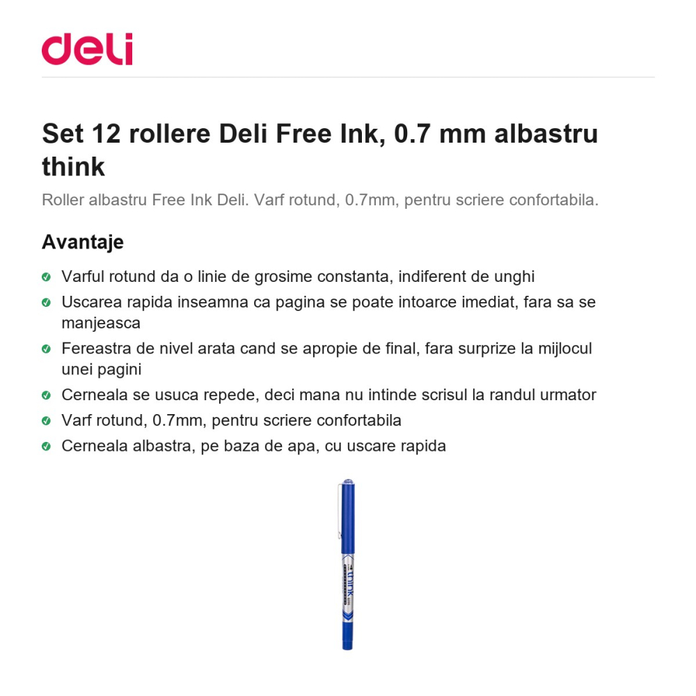 Set 12 rollere Deli Free Ink, 0.7 mm albastru think [2]