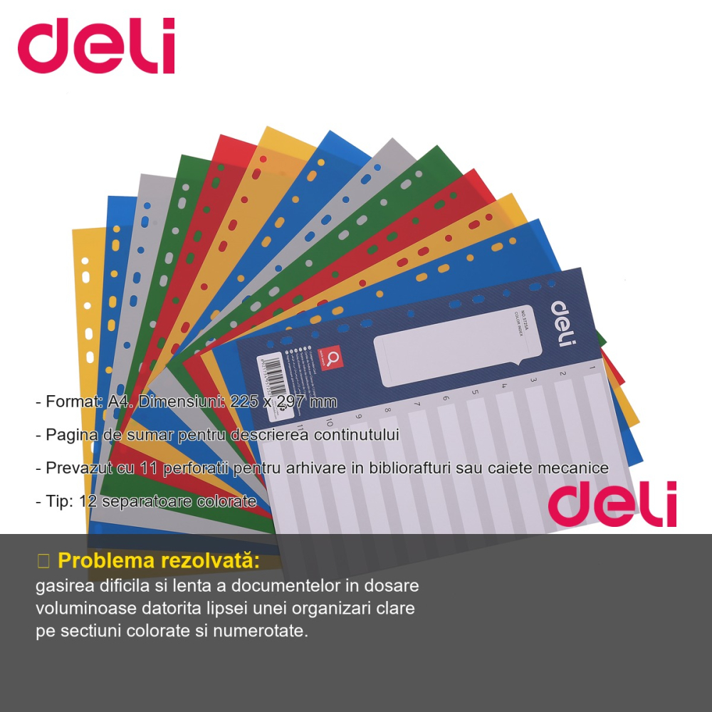 Set 12 separatoare index plastic color Deli, format A4, cu 11 perforatii, pentru organizare documente [2]