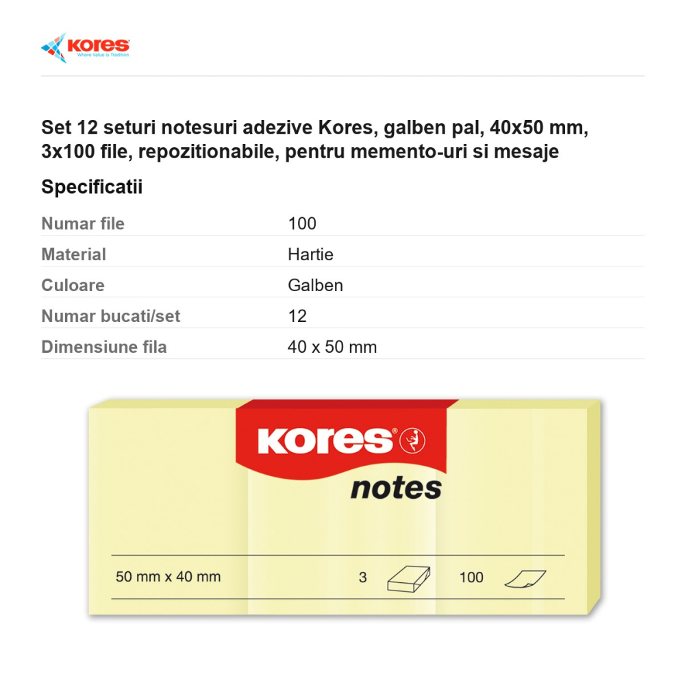Set 12 seturi notesuri adezive Kores, galben pal, 40x50 mm, 3x100 file, repozitionabile, pentru memento-uri si mesaje [3]