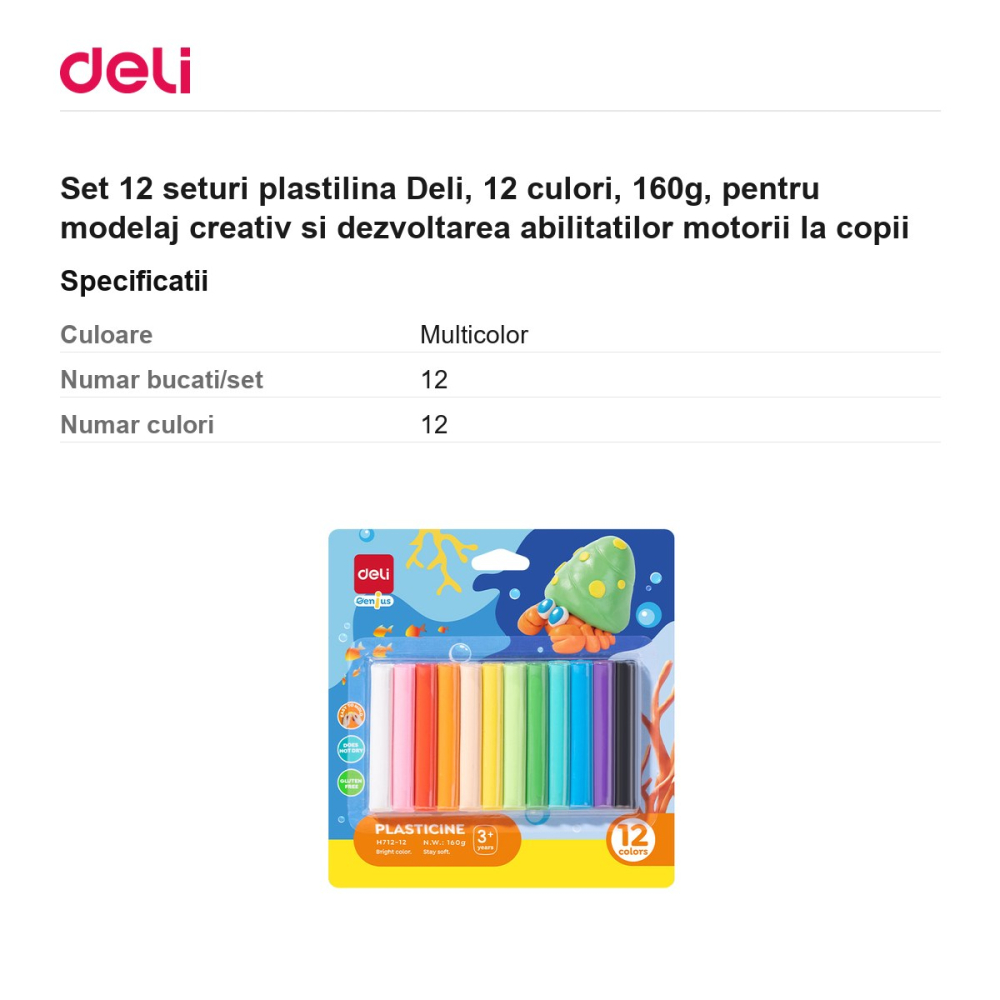 Set 12 seturi plastilina Deli, 12 culori, 160g, pentru modelaj creativ si dezvoltarea abilitatilor motorii la copii [3]