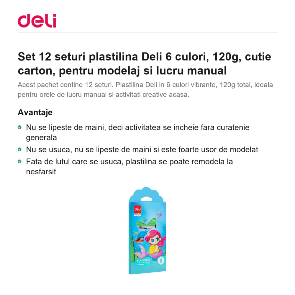 Set 12 seturi plastilina Deli 6 culori, 120g, cutie carton, pentru modelaj si lucru manual [2]
