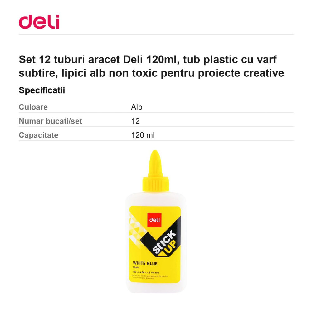 Set 12 tuburi aracet Deli 120ml, tub plastic cu varf subtire, lipici alb non toxic pentru proiecte creative [3]