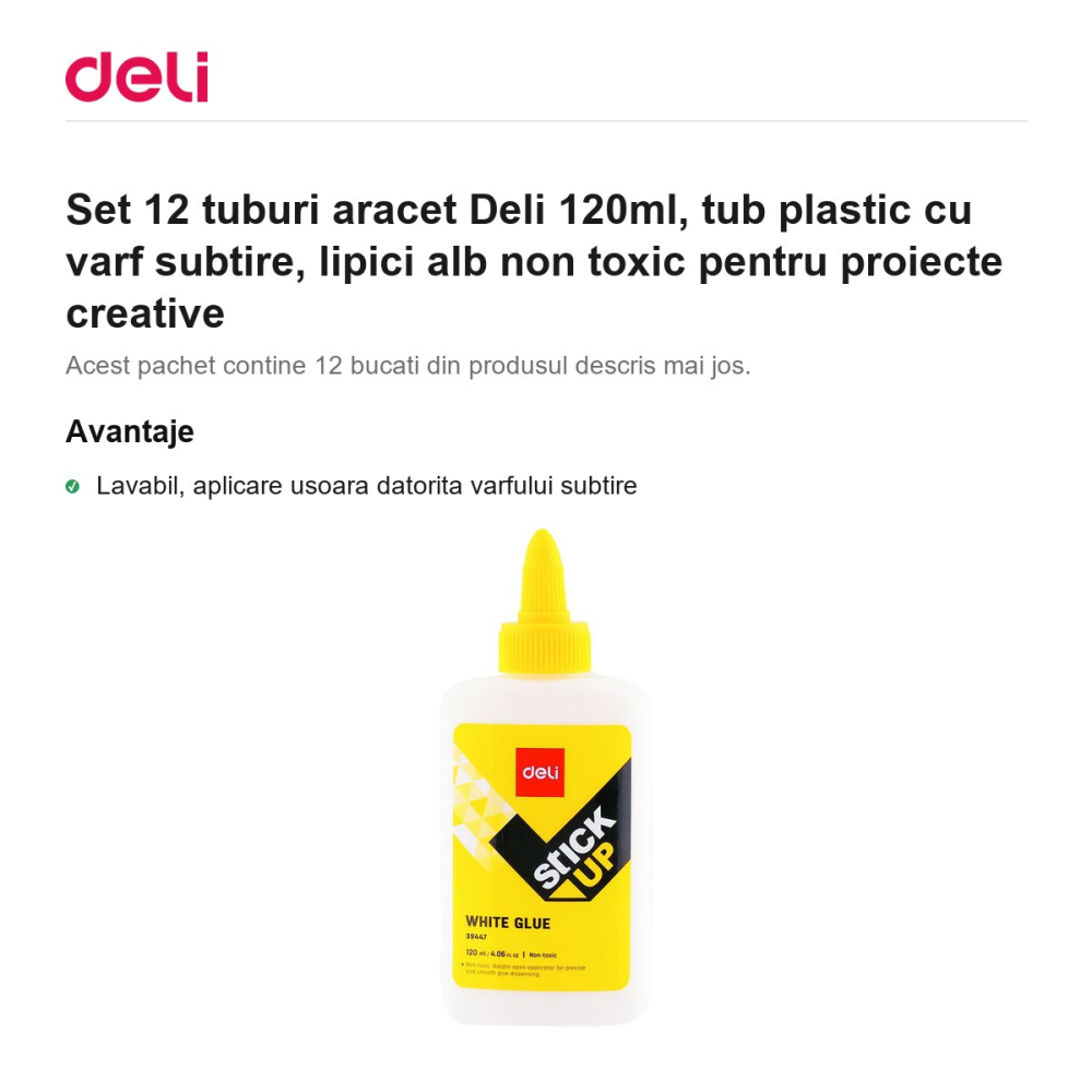 Set 12 tuburi aracet Deli 120ml, tub plastic cu varf subtire, lipici alb non toxic pentru proiecte creative [2]