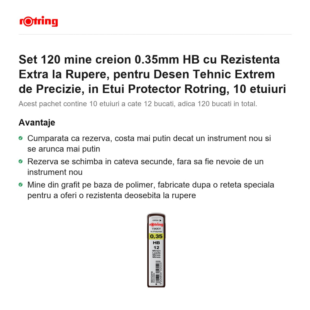 Set 120 mine creion 0.35mm HB cu Rezistenta Extra la Rupere, pentru Desen Tehnic Extrem de Precizie, in Etui Protector Rotring, 10 etuiuri [2]