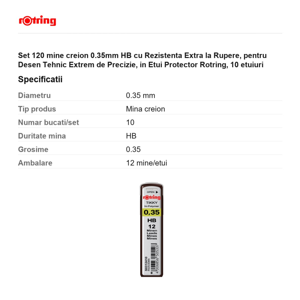 Set 120 mine creion 0.35mm HB cu Rezistenta Extra la Rupere, pentru Desen Tehnic Extrem de Precizie, in Etui Protector Rotring, 10 etuiuri [3]