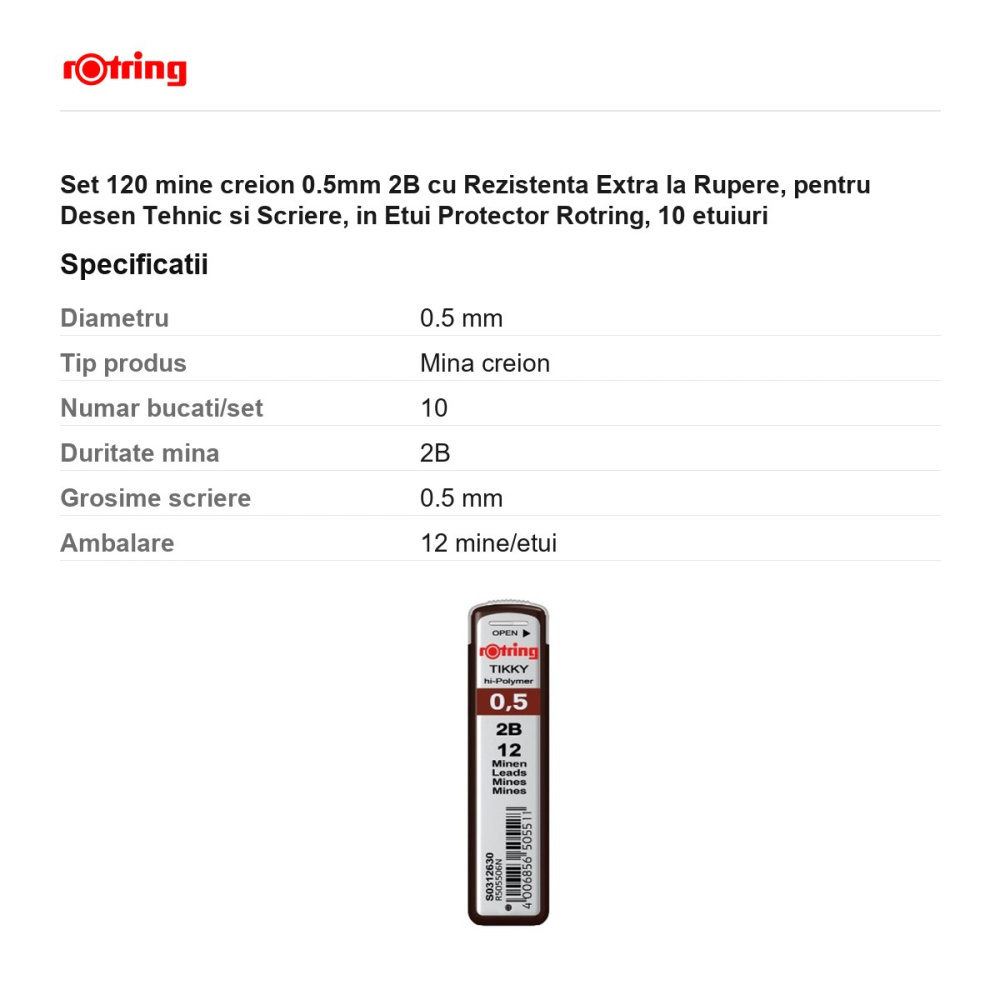 Set 120 mine creion 0.5mm 2B cu Rezistenta Extra la Rupere, pentru Desen Tehnic si Scriere, in Etui Protector Rotring, 10 etuiuri [3]