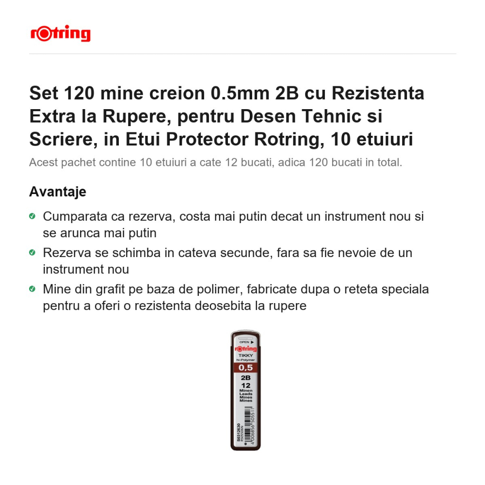 Set 120 mine creion 0.5mm 2B cu Rezistenta Extra la Rupere, pentru Desen Tehnic si Scriere, in Etui Protector Rotring, 10 etuiuri [2]