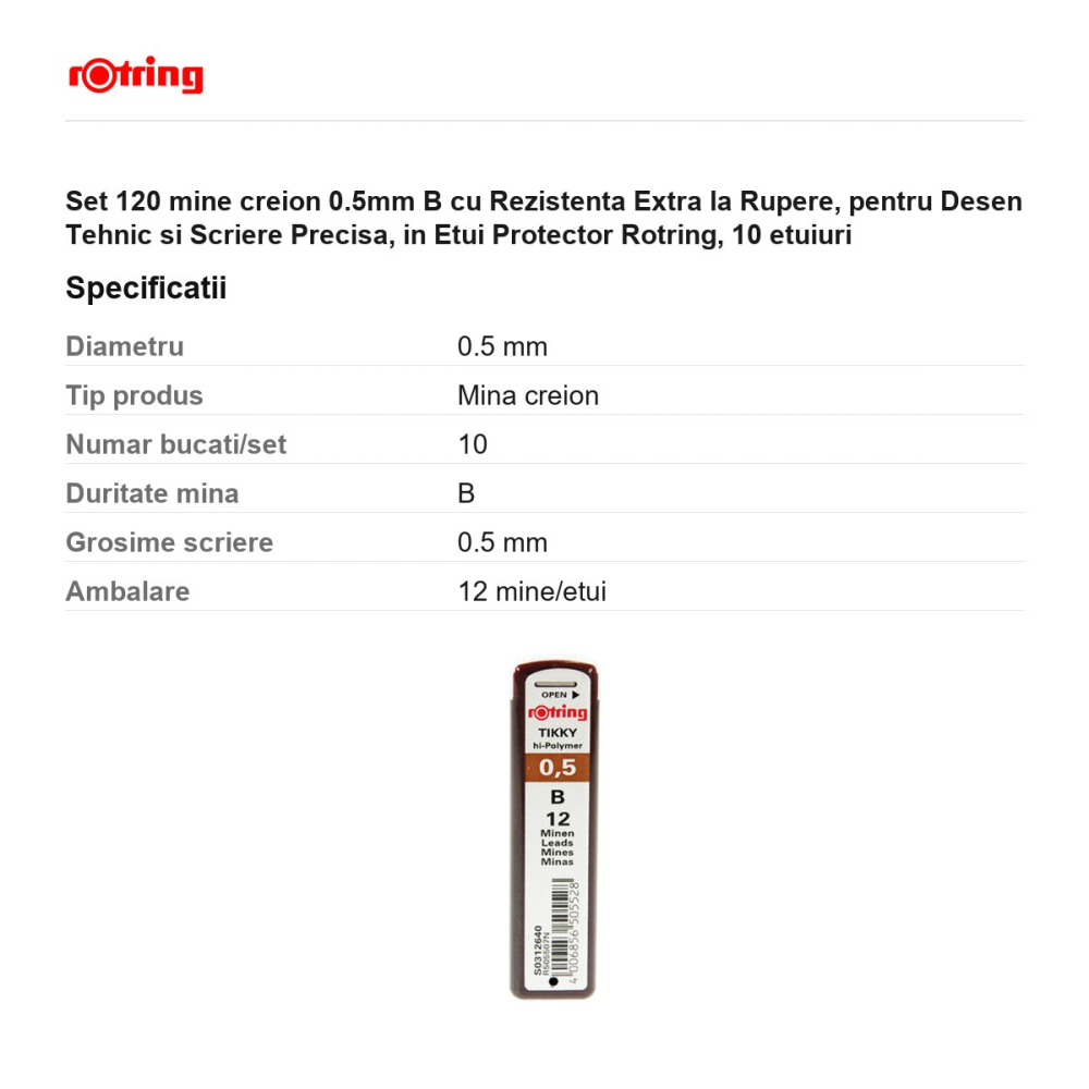 Set 120 mine creion 0.5mm B cu Rezistenta Extra la Rupere, pentru Desen Tehnic si Scriere Precisa, in Etui Protector Rotring, 10 etuiuri [3]