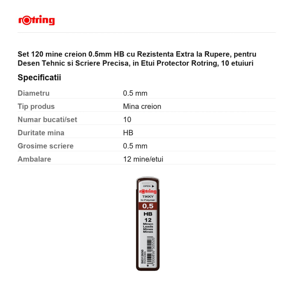 Set 120 mine creion 0.5mm HB cu Rezistenta Extra la Rupere, pentru Desen Tehnic si Scriere Precisa, in Etui Protector Rotring, 10 etuiuri [3]