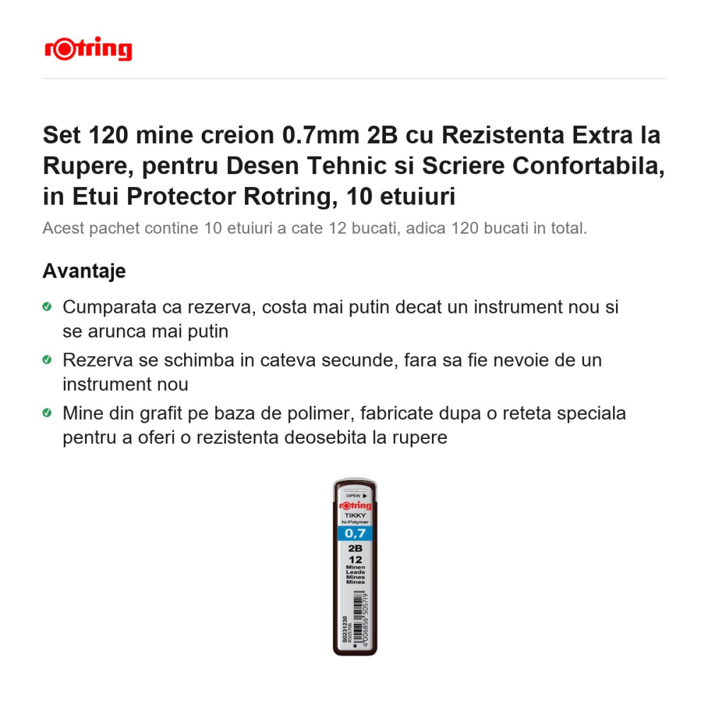 Set 120 mine creion 0.7mm 2B cu Rezistenta Extra la Rupere, pentru Desen Tehnic si Scriere Confortabila, in Etui Protector Rotring, 10 etuiuri [2]