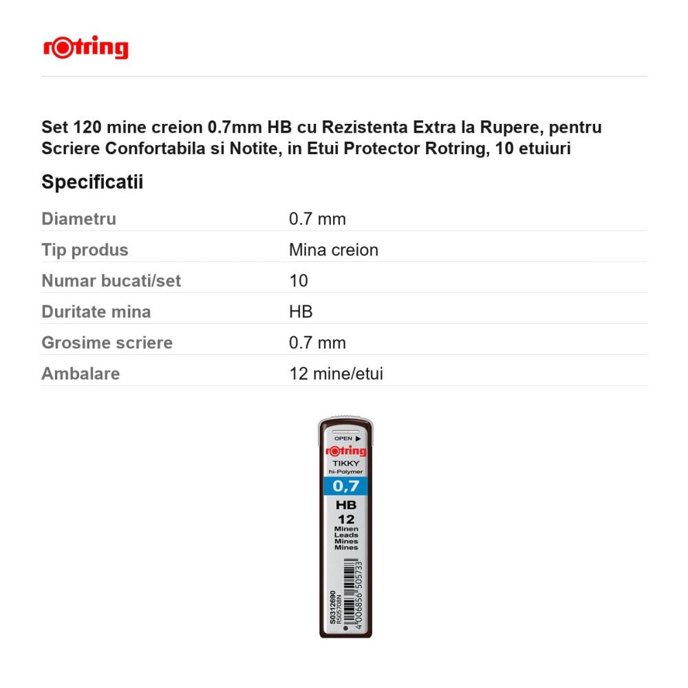 Set 120 mine creion 0.7mm HB cu Rezistenta Extra la Rupere, pentru Scriere Confortabila si Notite, in Etui Protector Rotring, 10 etuiuri [3]