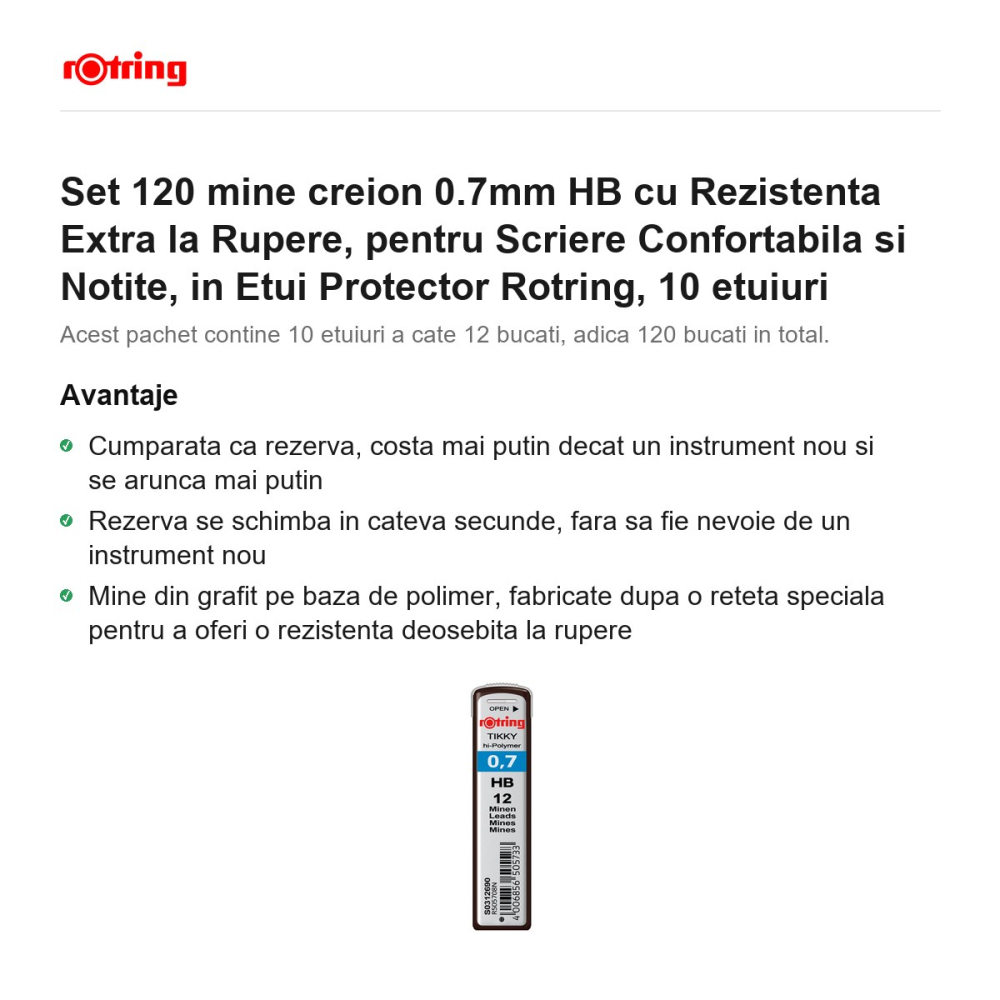Set 120 mine creion 0.7mm HB cu Rezistenta Extra la Rupere, pentru Scriere Confortabila si Notite, in Etui Protector Rotring, 10 etuiuri [2]