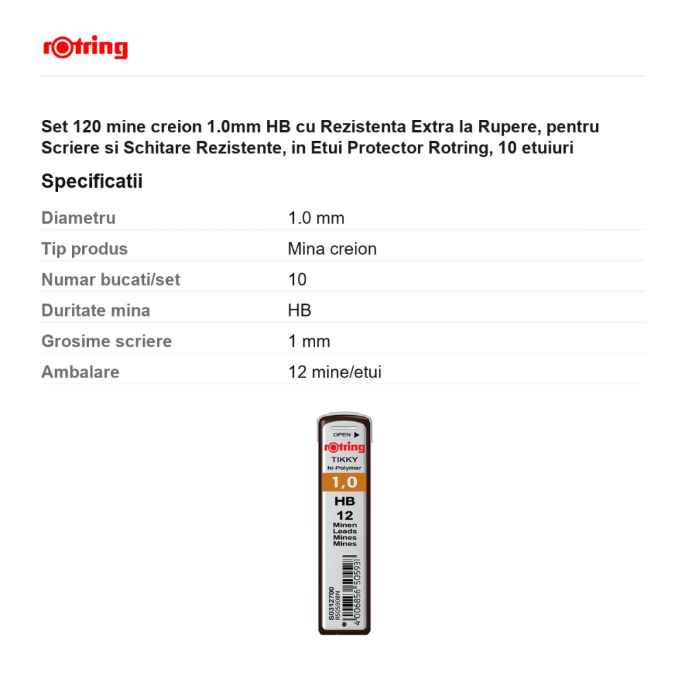 Set 120 mine creion 1.0mm HB cu Rezistenta Extra la Rupere, pentru Scriere si Schitare Rezistente, in Etui Protector Rotring, 10 etuiuri [3]