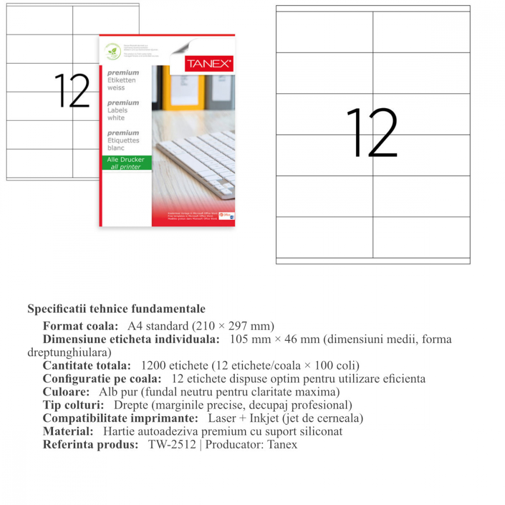 Set 1200 etichete autoadezive A4, 100 coli, 12 etichete/coala, 105x46 mm, albe, colturi drepte, pentru imprimante laser si inkjet, Tanex TW-2512 [3]