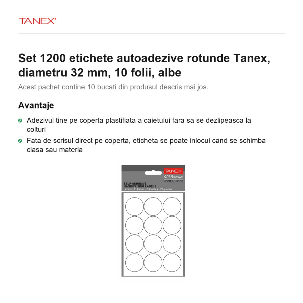 Set 1200 etichete autoadezive rotunde Tanex, diametru 32 mm, 10 seturi, albe [2]