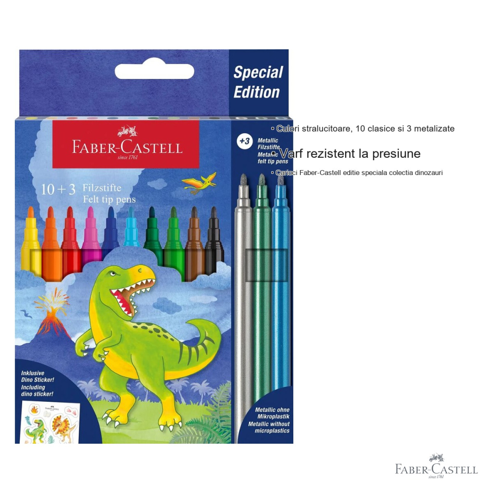 Set 13 carioci Faber-Castell editie dinozauri, 10 culori clasice si 3 metalizate, pentru copii [3]