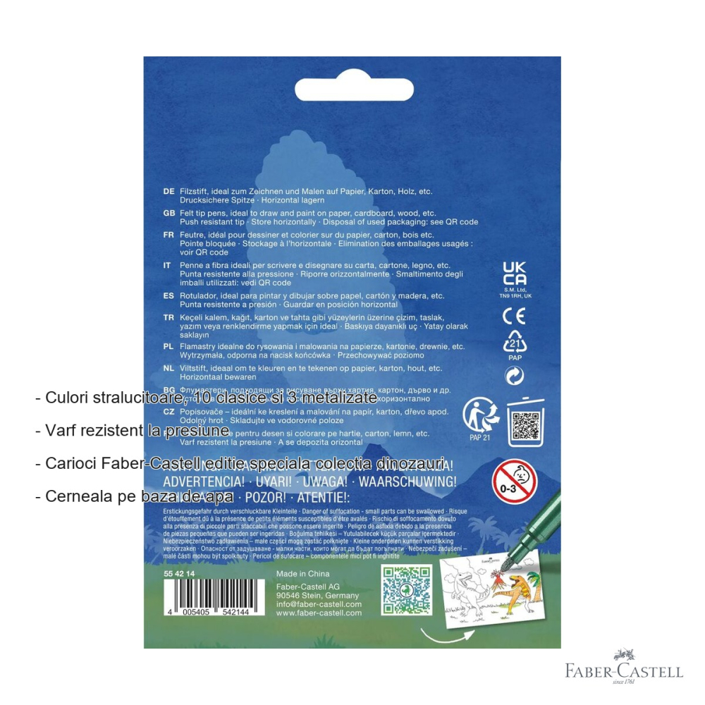 Set 13 carioci Faber-Castell editie dinozauri, 10 culori clasice si 3 metalizate, pentru copii [2]